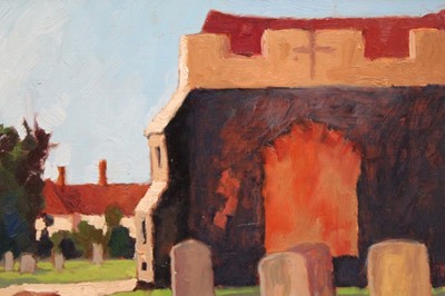 Lot 991 - David Britton, contemporary, oil on board - Fingeringhoe Church, signed, framed, 36cm x 41cm