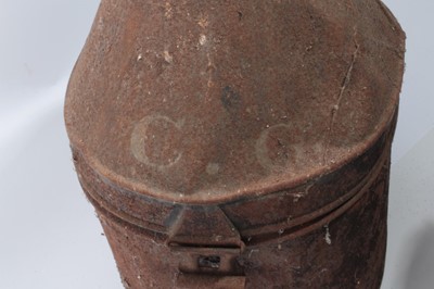 Lot 635 - Victorian Lincolnshire Regiment Officers' Blue Cloth helmet with bi metal regimental badge, brass spike and fittings, brass chin chains and leather head band, in japanned tin transit case