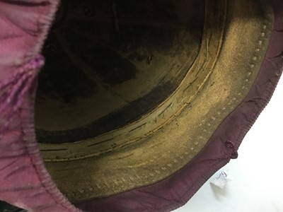 Lot 635 - Victorian Lincolnshire Regiment Officers' Blue Cloth helmet with bi metal regimental badge, brass spike and fittings, brass chin chains and leather head band, in japanned tin transit case