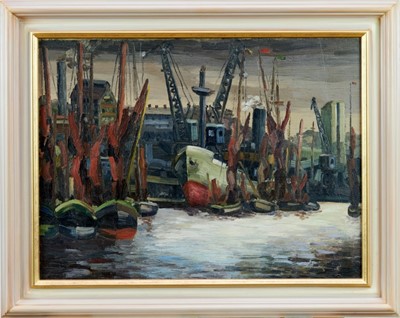 Lot 1054 - *David Carr - oil on canvas - Ipswich Docks, signed and dated verso 1943, ex Glyn Morgan Estate