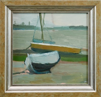 Lot 1055 - *Theo Mendez - oil on board - on the Blackwater, Essex, signed with initials, signed dated 1956 inscribed verso, prov - Red Raven Arts, London