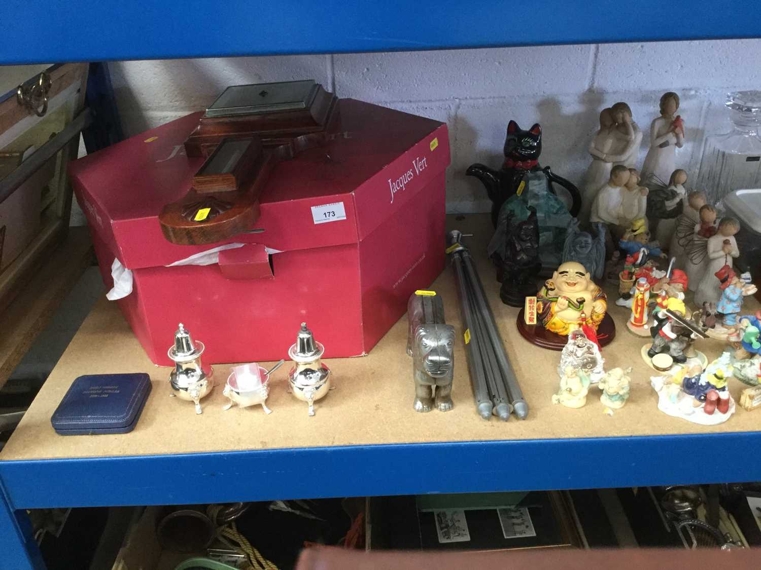 Lot 173 - Miscellaneous group of items to include Royal Doulton Paddington figures, two ladies hats, Willow Tree and other ornaments,barometer,plated cruet set, camera tripod and sundries
