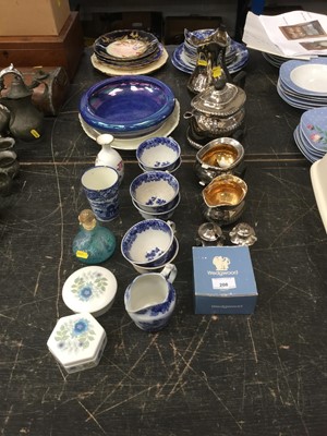 Lot 208 - Assorted ceramics, including Victorian blue and white china, Wheldon ware silver glazed wares, etc, and a Caithness scent bottle