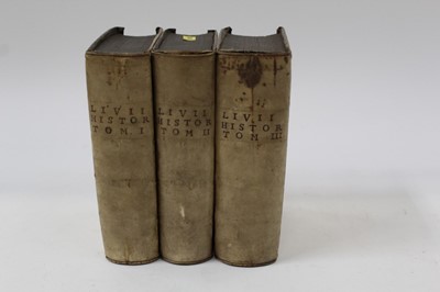 Lot 307 - T. Livii - Patavini Historiarum, three volumes, published Amesterdam Apud Ludovicum & Danielem Elsevirios, 1654, 3 Vols, original calf binding