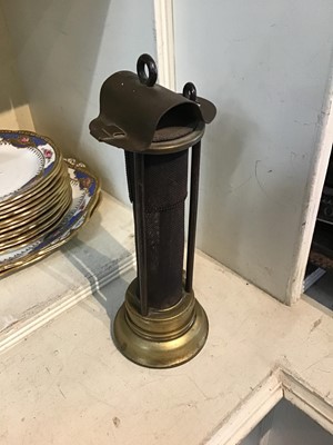 Lot 179 - Sundry items, including a set of brass weights, brass letter rack, miners lamp, Smiths Enfield clock, etc