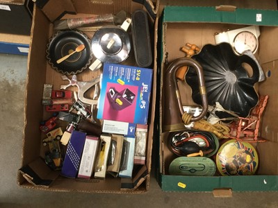 Lot 178 - Sundry items, including a copper bugle, antique lacquered dust pan and dishes, model cars, etc