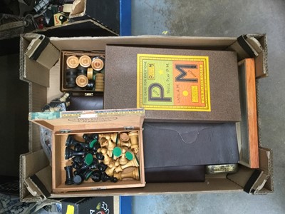 Lot 177 - Box of vintage games  including chess sets, draughts, backgammon, cards, cribbage, etc
