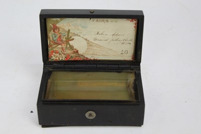 Lot 1969 - 19th century French miniature pressed horn two airs music box, decorated in relief with a scene entitled 'Vue De Hambourg'