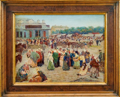 Lot 914 - B. Haake (?), early 20th century, oil on board - Busy Market, signed and dated 1916, in gilt and old frame, 35cm x 46cm