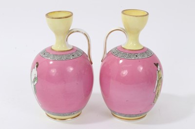 Lot 33 - Good garniture of antique Greek revival ceramics, including a pair of pink ground urns by Brown-Westhead, Moore & Co, and a pair of Tuscan Grecian Ware vases (4)
