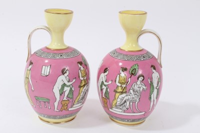 Lot 33 - Good garniture of antique Greek revival ceramics, including a pair of pink ground urns by Brown-Westhead, Moore & Co, and a pair of Tuscan Grecian Ware vases (4)
