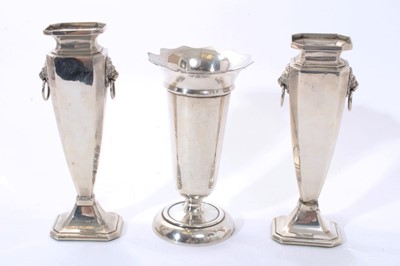 Lot 281 - Pair  George V silver pedestal vases of octagonal form, with lion's head ring handles (Birmingham 1913) W & F Rabone. Together with a contemporary silver trumpet vase (Birmingham 1986) Deakin & Fra...
