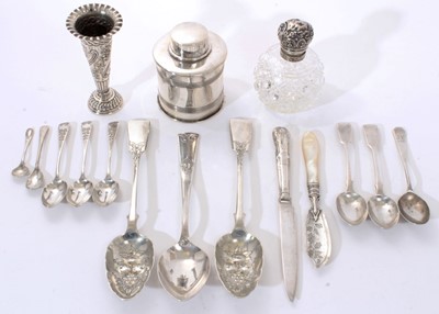 Lot 283 - Selection of early 20th century and other miscellaneous silver, including silver mounted cut glass globe perfume bottle, tea caddy, trumpet vase with embossed decoration and a collection of flatwar...