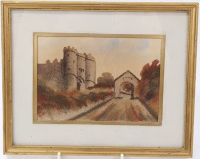 Lot 808 - 19th century Isle of Wight sand picture of Carisbrooke Castle, with label verso "The Famous Coloured Sands of Alum Bay, I.W., Title: Carisbrooke Castle" mounted in glazed frame