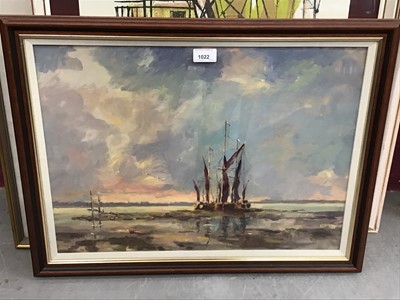 Lot 1022 - Norman R Harper (1918-2008)  oil on board- Barges at Pin Mill, in glazed frame