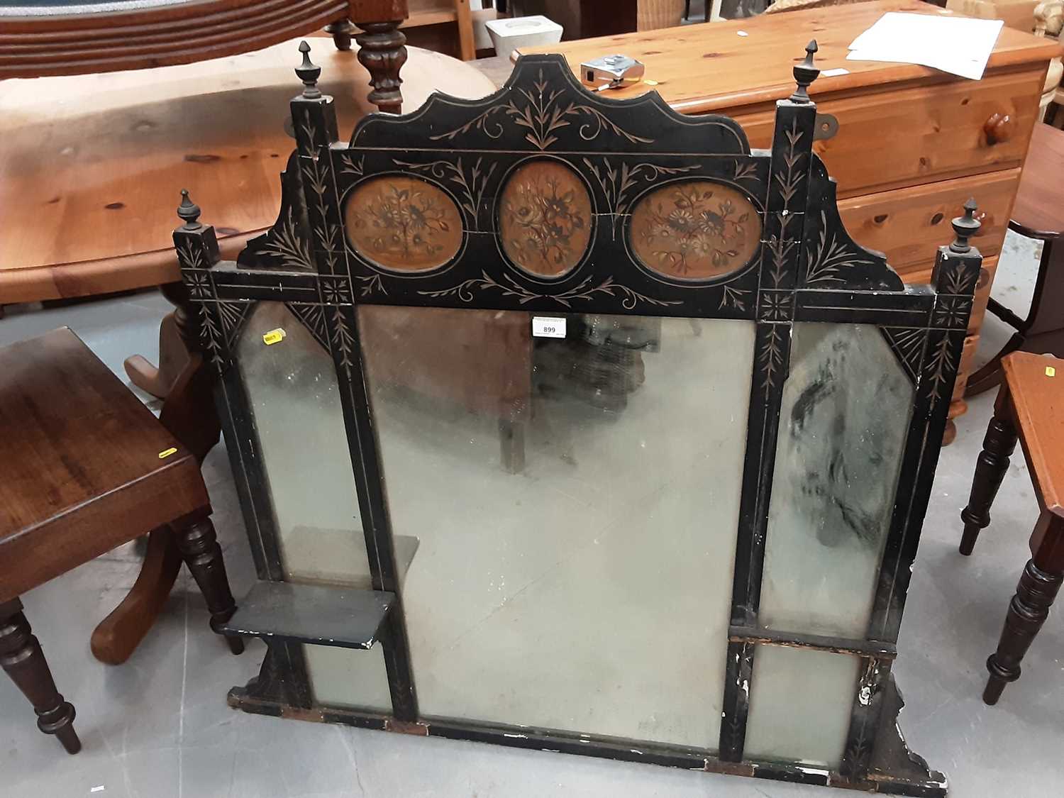 Lot 899 - Edwardian ebonised mirror with painted floral panels