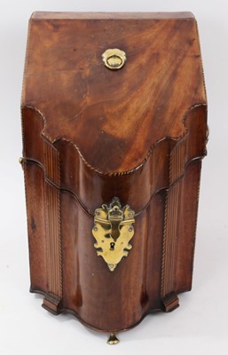 Lot 663 - George III mahogany and barber pole strung serpentine knife box