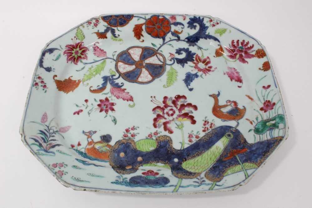 Lot 41 - 18th century Chinese tobacco leaf porcelain platter, finely decorated in famille rose enamels and underglaze blue, 40.5cm across