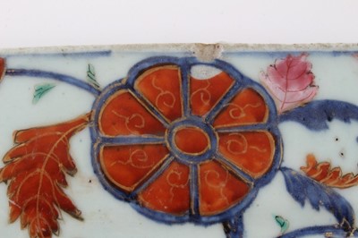 Lot 41 - 18th century Chinese tobacco leaf porcelain platter, finely decorated in famille rose enamels and underglaze blue, 40.5cm across