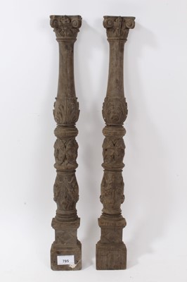 Lot 785 - Good pair of carved oak columns with Green Man decoration, probably 18th century