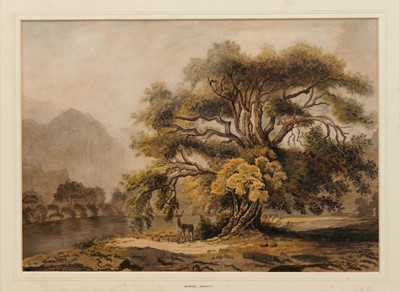 Lot 7 - Attributed to Samuel Howitt (c.1765-1822) watercolour - stag beneath an oak tree in mountainous landscape, apparently unsigned, in glazed gilt frame, 30cm x 42cm