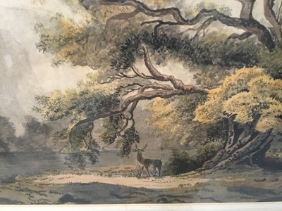 Lot 7 - Attributed to Samuel Howitt (c.1765-1822) watercolour - stag beneath an oak tree in mountainous landscape, apparently unsigned, in glazed gilt frame, 30cm x 42cm