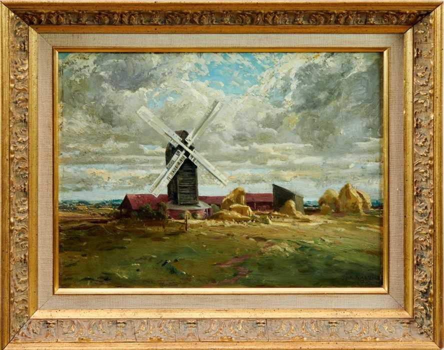 Lot 915 - John Kynnersley Kirby (1894-1962) oil on panel, landscape with windmill