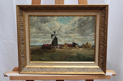 Lot 915 - John Kynnersley Kirby (1894-1962) oil on panel, landscape with windmill