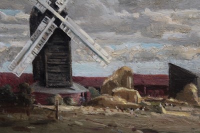 Lot 915 - John Kynnersley Kirby (1894-1962) oil on panel, landscape with windmill