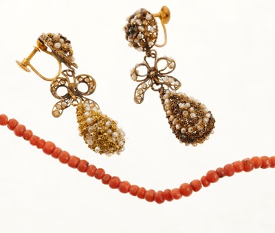 Lot 426 - Pair of Regency gold cannetille and seed pearl pendant earrings and a coral bead necklace and bracelet