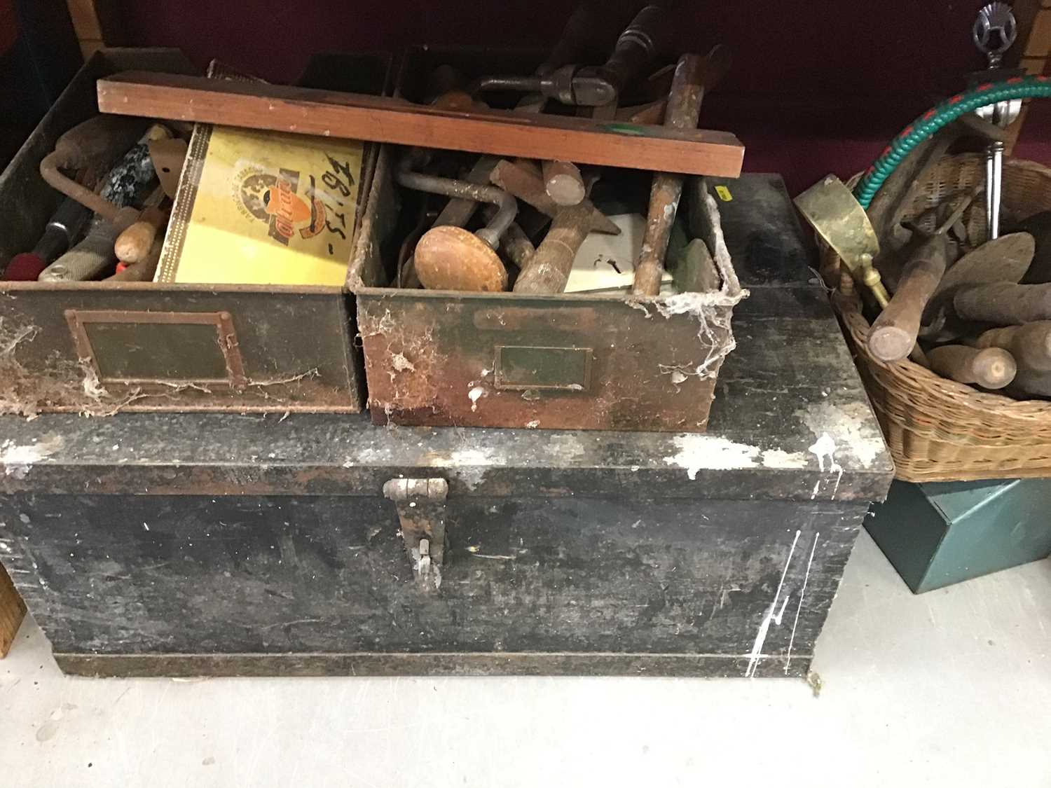 Lot 522 - Wooden tool chest, metal tool box and hand tools