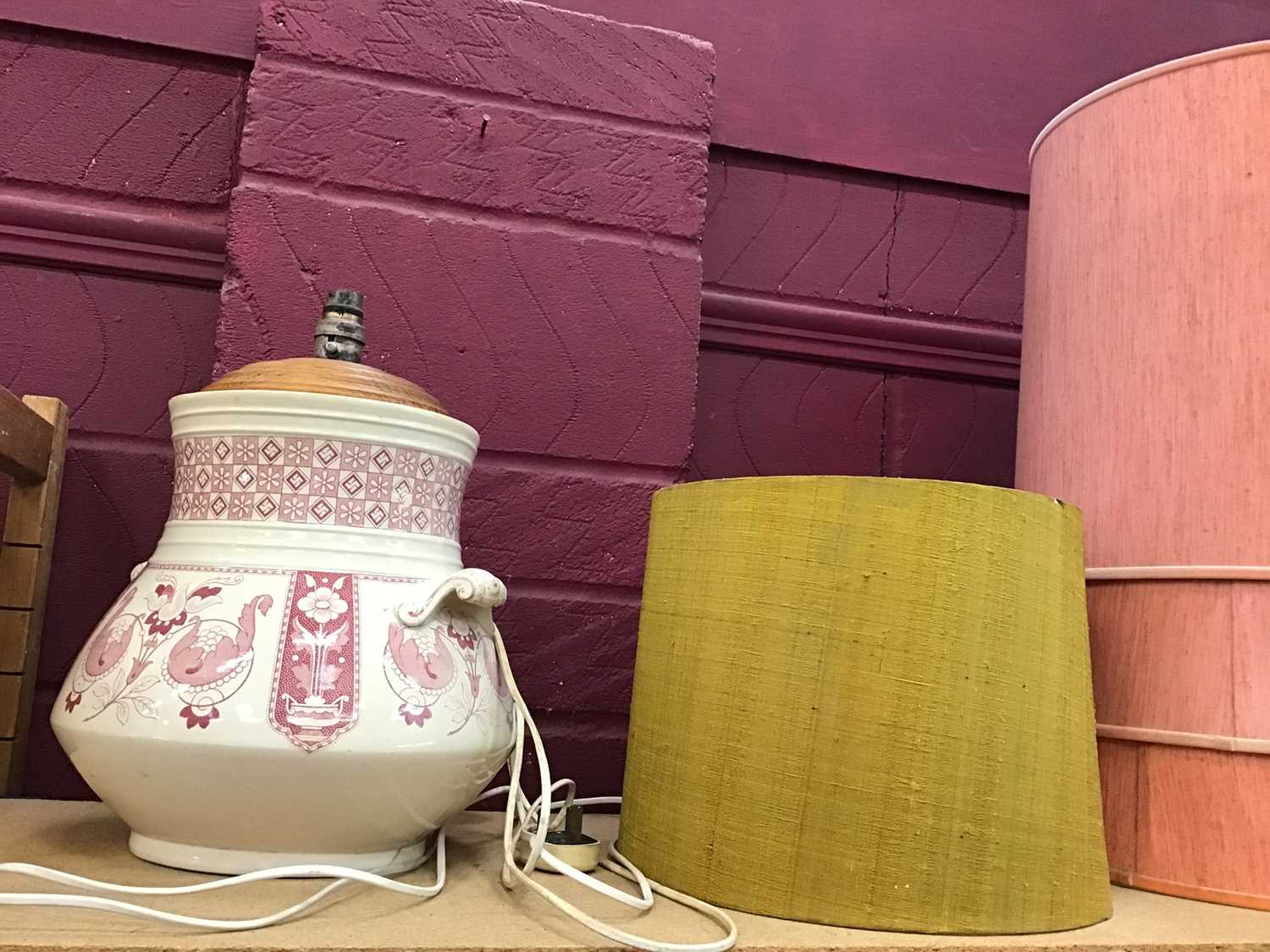 Lot 533 - Large ceramic base table lamp, pair of ceramic table lamps, three others and various shades