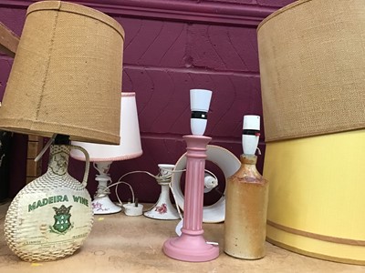 Lot 533 - Large ceramic base table lamp, pair of ceramic table lamps, three others and various shades