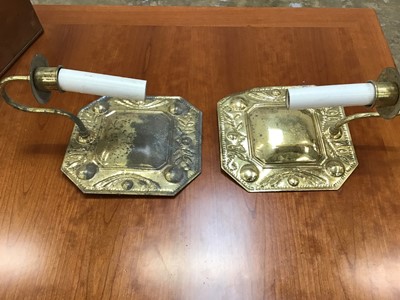 Lot 544 - Copper lion handle log bucket, copper plant trough and pair of brass single scone wall lights