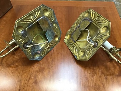 Lot 544 - Copper lion handle log bucket, copper plant trough and pair of brass single scone wall lights