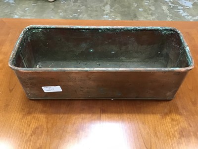 Lot 544 - Copper lion handle log bucket, copper plant trough and pair of brass single scone wall lights