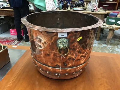 Lot 544 - Copper lion handle log bucket, copper plant trough and pair of brass single scone wall lights