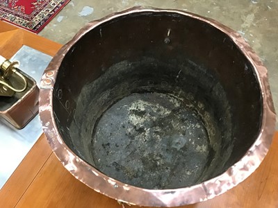 Lot 544 - Copper lion handle log bucket, copper plant trough and pair of brass single scone wall lights