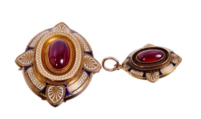 Lot 414 - Victorian Etruscan revival gold enamel and cabochon garnet pendant brooch, the central oval cabochon garnet surrounded by a beaded gold border, Greek key and classical motifs in blue and white cham...
