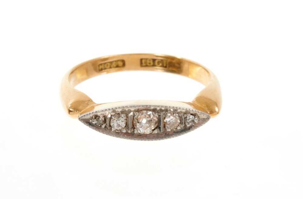 Lot 412 - Edwardian diamond five stone ring with a navette shape bezel of old cut diamonds on 18ct gold shank,ring size J½.