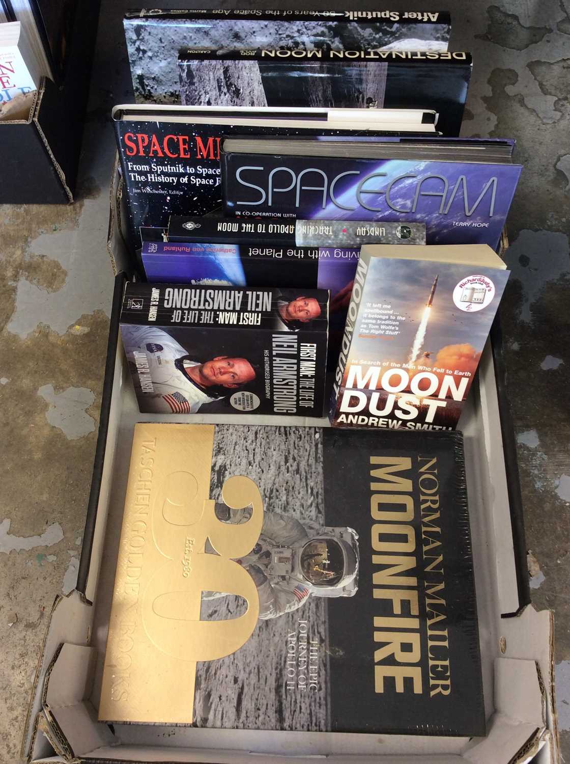 Lot 418 - One box space related books including Norman Mailer Moonfire, After Sputnik, Destination Moon etc