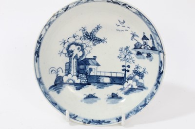 Lot 56 - 18th century Lowestoft blue and white porcelain cup and saucer, c. 1775, decorated with chinoiserie pattern, painter's mark inside footrim of cup