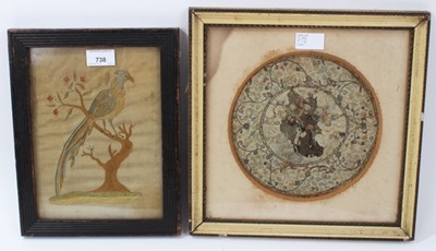 Lot 738 - Very early embroidered roundel together with a silkwork picture