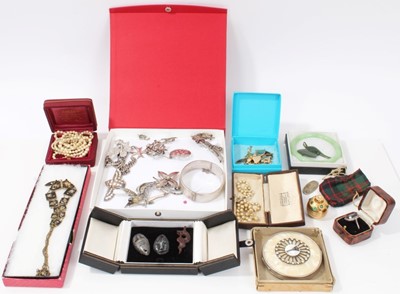 Lot 45 - Group silver brooches, silver fob chain with silver fob, silver bangle, Japanese damascene jewellery and other costume jewellery