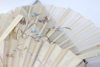 Lot 1834 - 18th century fan with finely carved ivory struts in an 18th century floral printed card case,  and other  antique fans