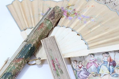 Lot 1834 - 18th century fan with finely carved ivory struts in an 18th century floral printed card case,  and other  antique fans