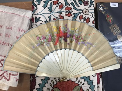 Lot 1834 - 18th century fan with finely carved ivory struts in an 18th century floral printed card case,  and other  antique fans