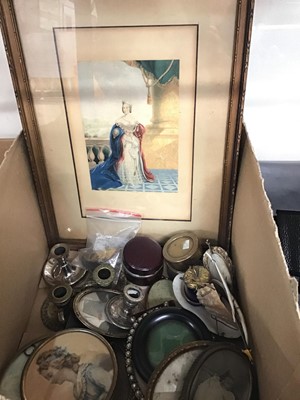 Lot 64 - Two travelling inkwells, miniature chamber sticks, group of portrait miniatures, pair of Baxter prints and sundries