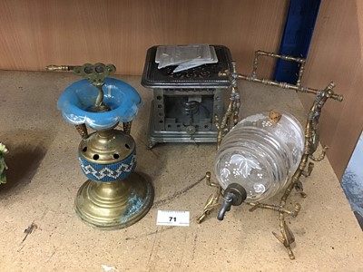Lot 71 - Unusual late 19th C. Perfume dispenser in the form of a barrel with enamel decoration together with a smokers stand a burner