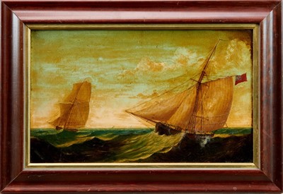 Lot 1016 - Edward Turnbull, 1867, oil on board – A naval cutter flying the Red Ensign and other shipping in choppy seas, signed and dated verso, in wooden frame, 23cm x 37 cm